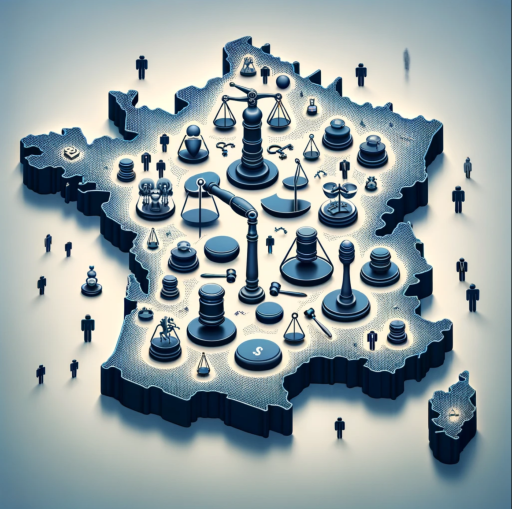 Une carte de France stylisée avec des icônes de justice  dispersées sur toute la carte, symbolisant la disponibilité des avocats sur tout le territoire national.