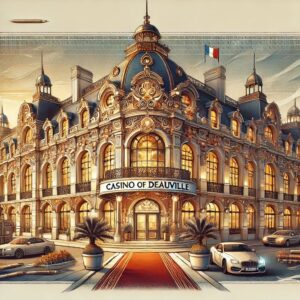 Illustration stylisée évoquant le Casino de Deauville lié à des affaires judiciaires complexes dans la région de Lisieux