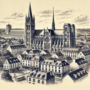 Dessin détaillé de la ville de Le Mans, montrant la cathédrale Saint-Julien, les rues pavées de la vieille ville et une référence au circuit des 24 Heures du Mans