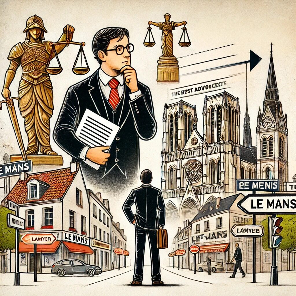 Illustration du meilleur avocat à Le Mans avec une personne hésitant entre plusieurs choix d'avocats. L'avocat se tient fièrement devant des monuments emblématiques de Le Mans, comme la cathédrale Saint-Julien et le circuit des 24 Heures, tenant un document légal et un trophée symbolisant le succès juridique