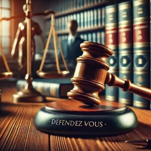 Image représentant une salle d'audience avec un marteau de juge et des livres de droit, accompagnée du texte 'Ordonnance Pénale - Défendez VOUS