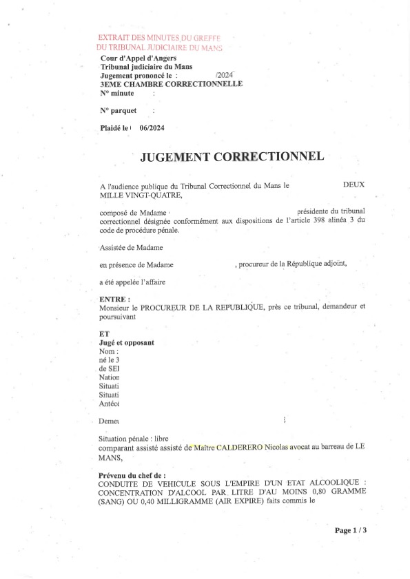 Tribunal correctionnel de LE MANS - Alcool - Ordonnance pénale - Relaxe
