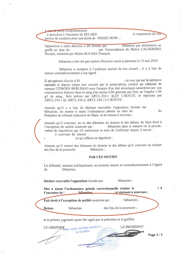 Tribunal correctionnel de LE MANS - Alcool - Ordonnance pénale - Relaxe