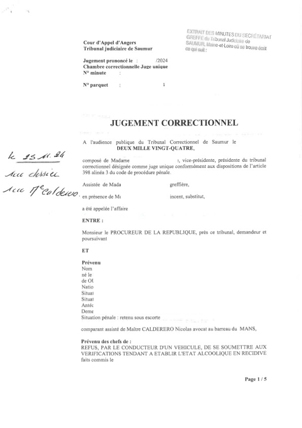 Tribunal correctionnel de SAUMUR Refus de se soumettre aux dépistages alcool et stupéfiants + Conduite en état d'ivresse manifeste = RELAXE