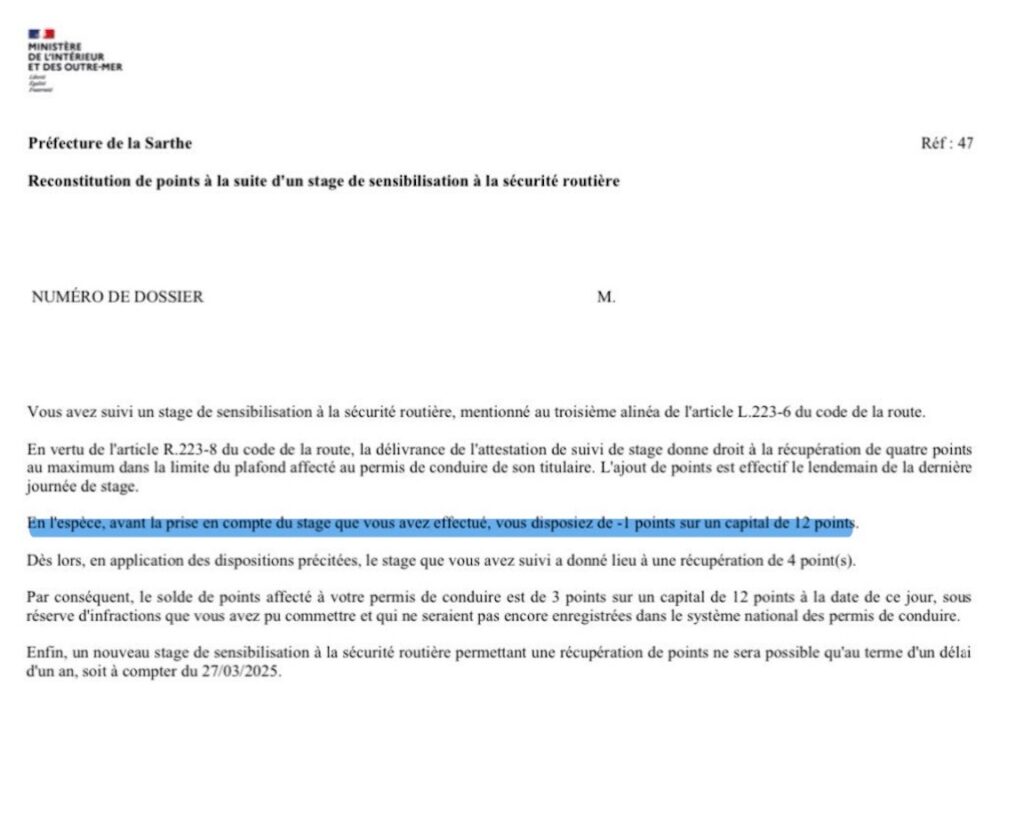 Décision Réf 47 - Prise en compte d'un stage de récupération de points et restitution des points
