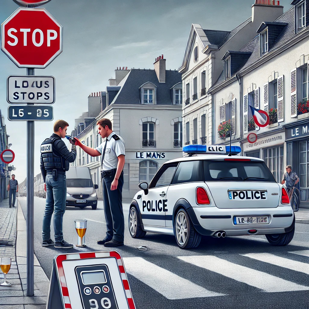 Contrôle routier à Le Mans avec un policier réalisant un test d’alcoolémie sur un conducteur, illustrant les infractions jugées au tribunal de police