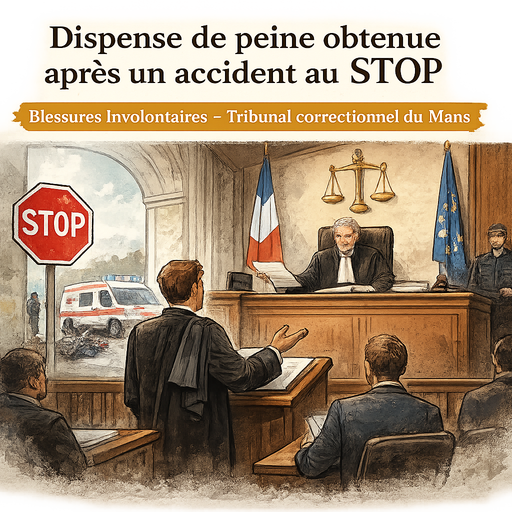 Illustration d’audience au tribunal avec panneau STOP – dispense de peine pour blessures involontaires après accident au Mans
