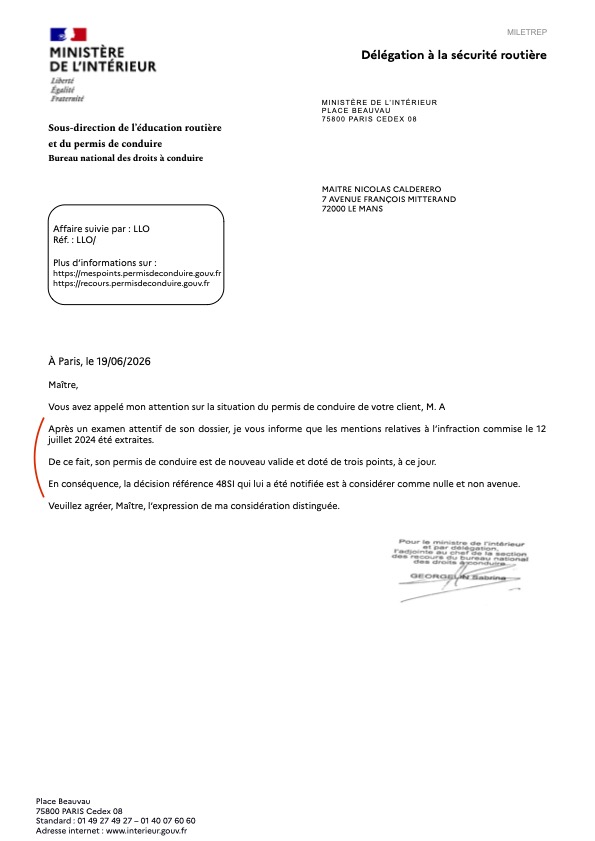 Permis de conduire récupéré avec 3 points rétablis après neutralisation d’une décision 48SI par un avocat en droit routier au Mans