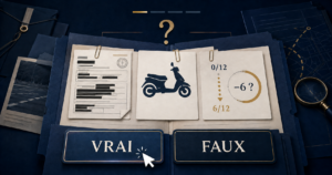 Dossier juridique interactif avec un deux-roues, un retrait de six points et les choix Vrai ou Faux.
