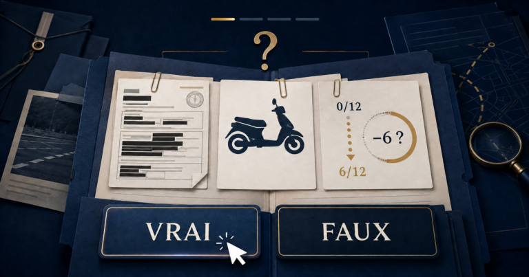 Dossier juridique interactif avec un deux-roues, un retrait de six points et les choix Vrai ou Faux.