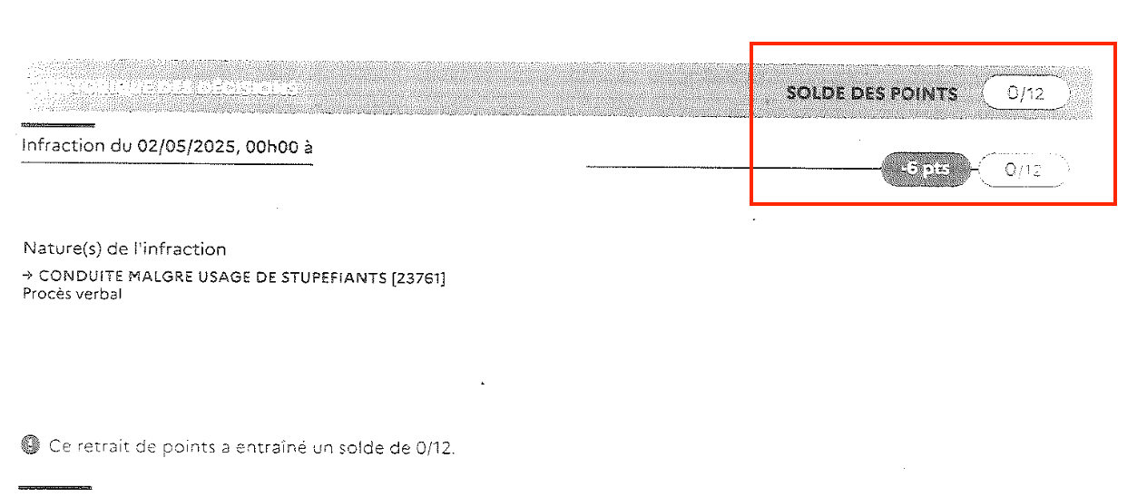 Relevé d'information intégral avant recours montrant un retrait de six points et un solde nul