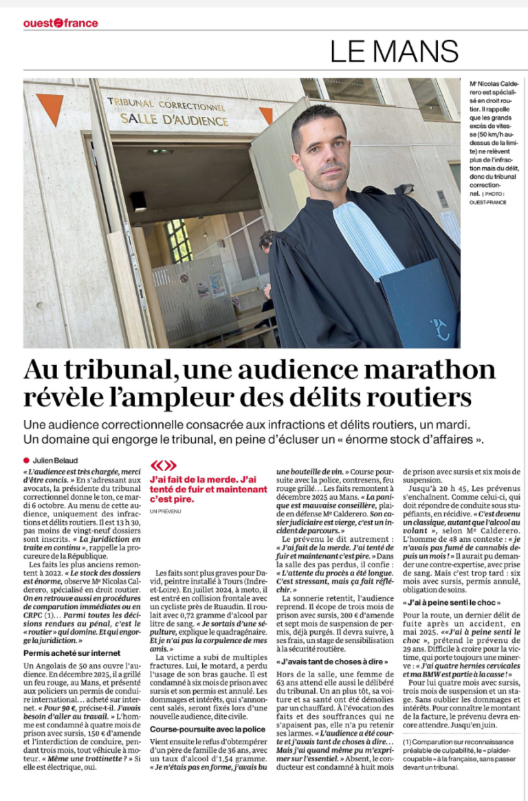 Coupure de Ouest-France sur une audience de délits routiers au Mans, avec une intervention de Me Nicolas Calderero.